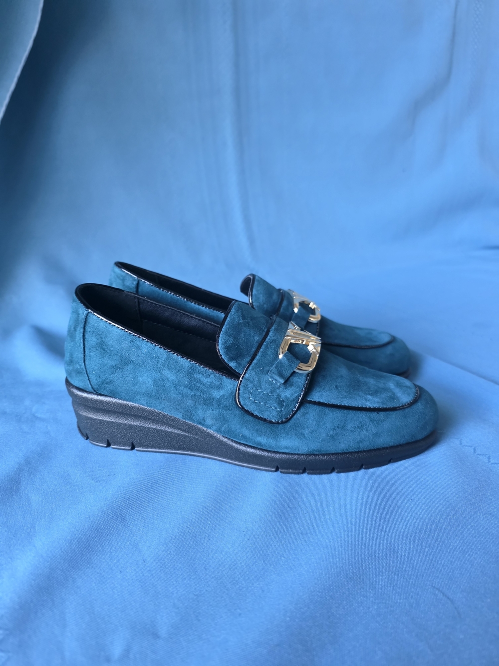 The Flexx Adenike Suede Wedge Loafers - Universe Teal Blue Size 37 / 6.5